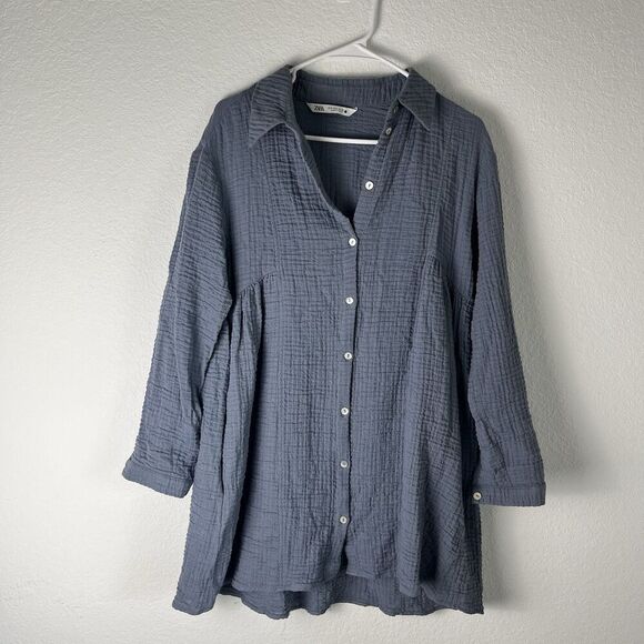 Zara Dresses & Skirts - Zara Crinkle Texture Babydoll Tunic Dress Blue Gray Size Small Gauze Beach 208​